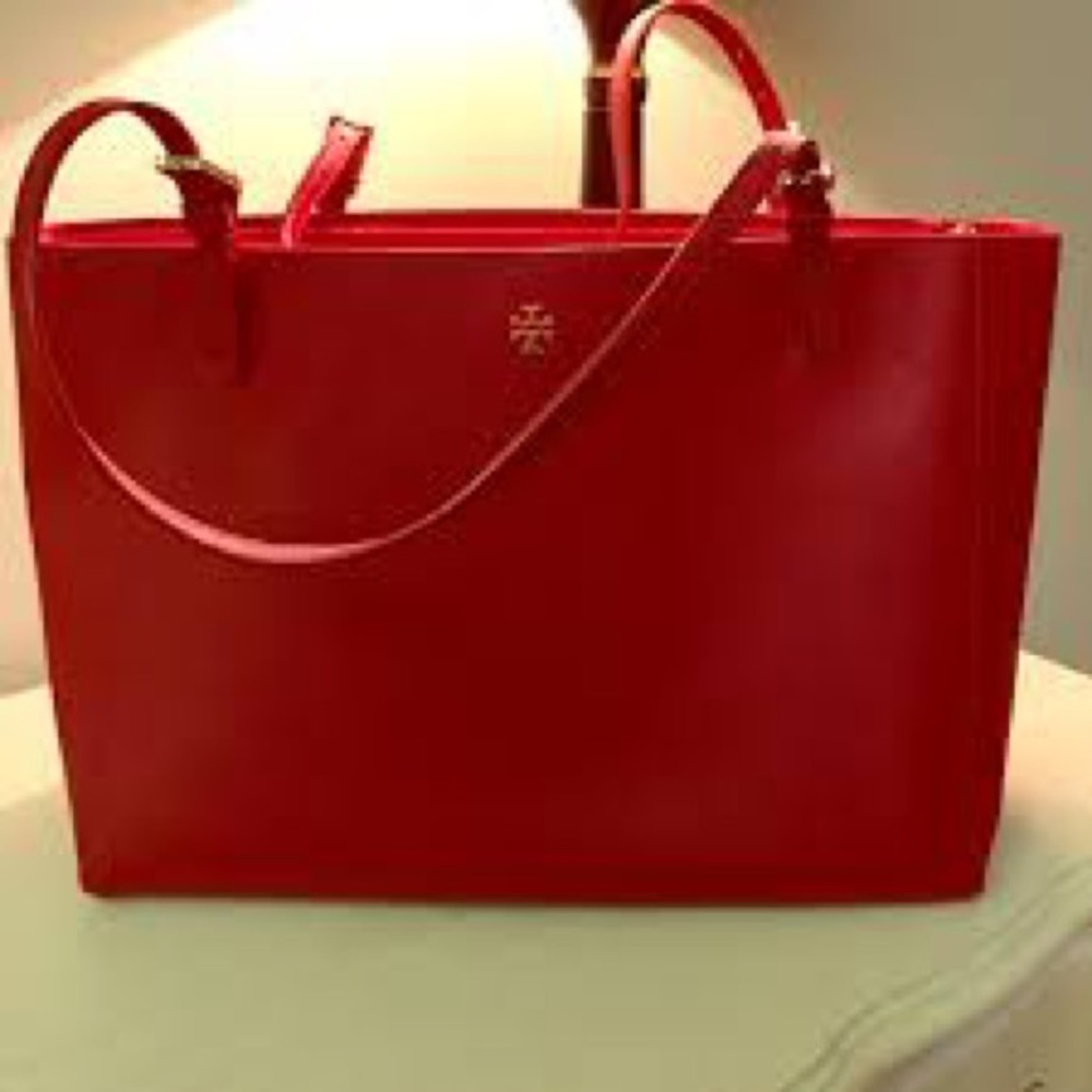 Tory Burch Tote Triple Compartment Brilliant Red Leather Tote Bag